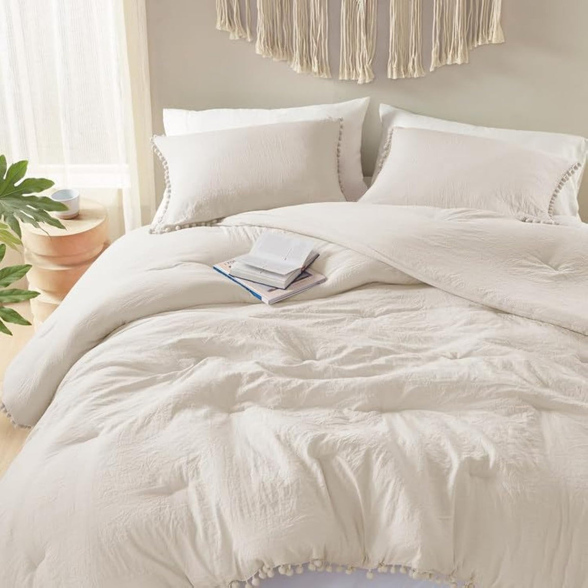 Beige Boho Pom Pom Comforter Set – Twin Size
