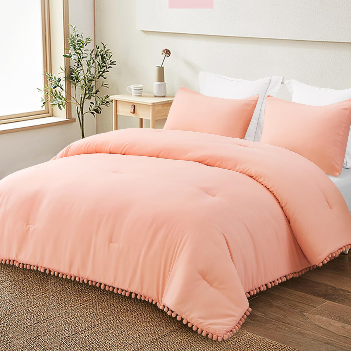 Bright Pink Boho Pom Pom Comforter Set – Twin Size